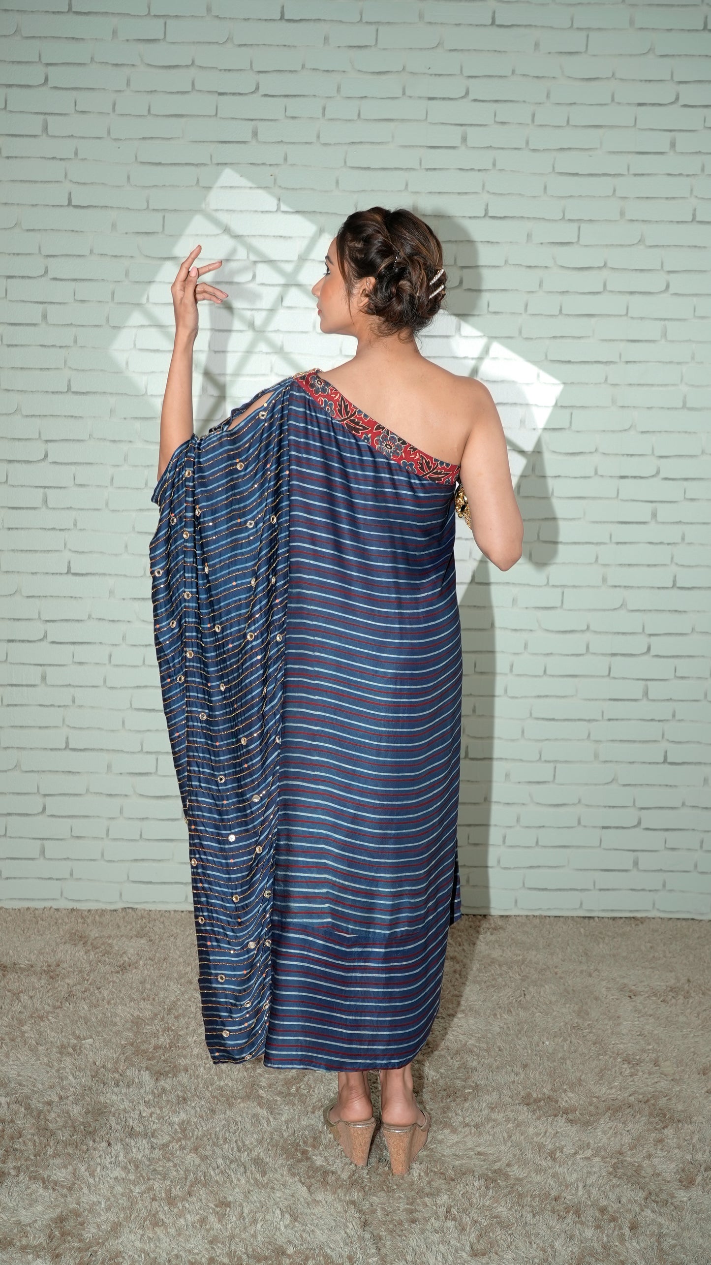 Grey Ajrakh Asymmetrical Kaftan