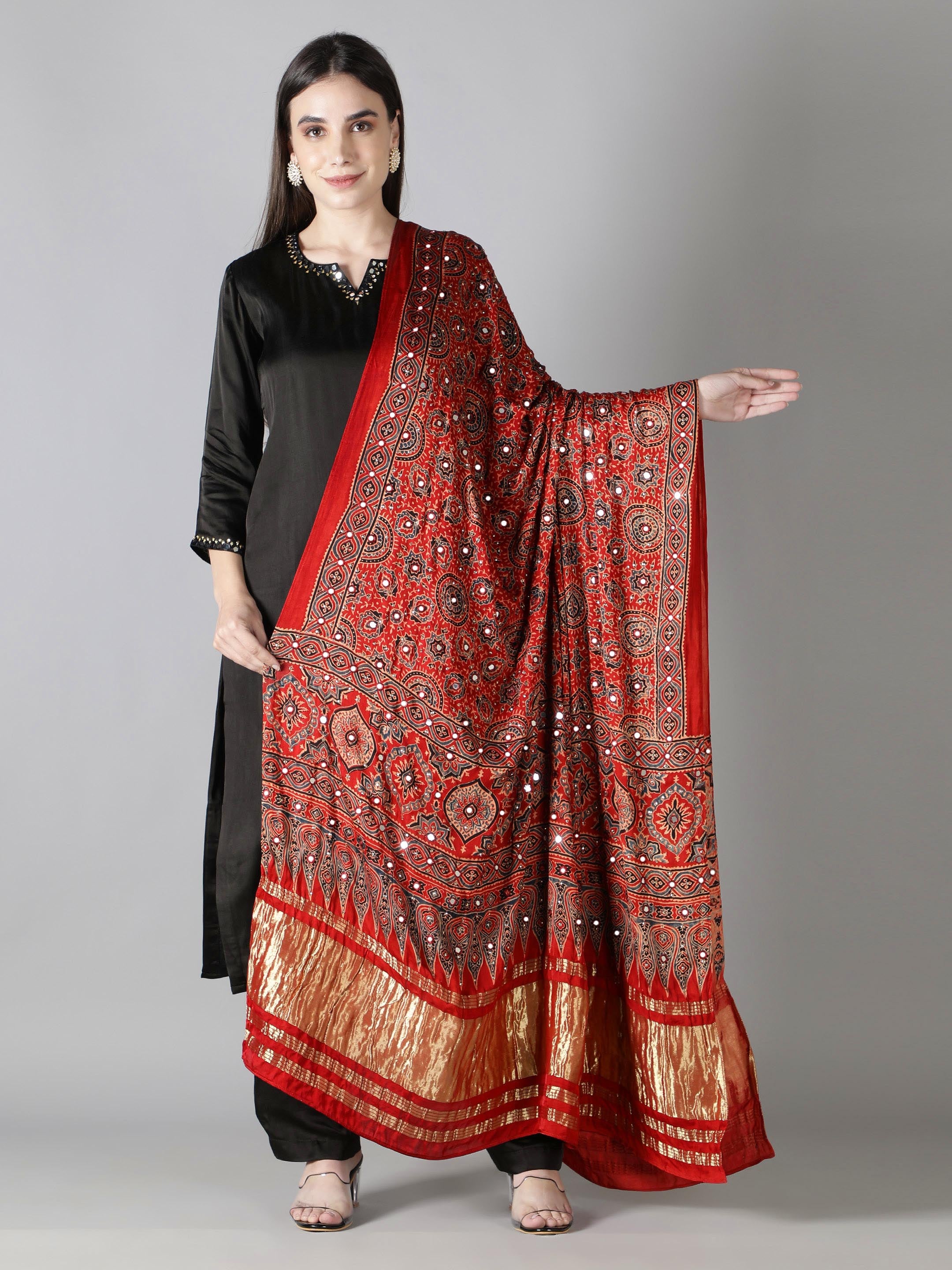 Crimson Red With Zari Pallu Ajrakh Dupatta
