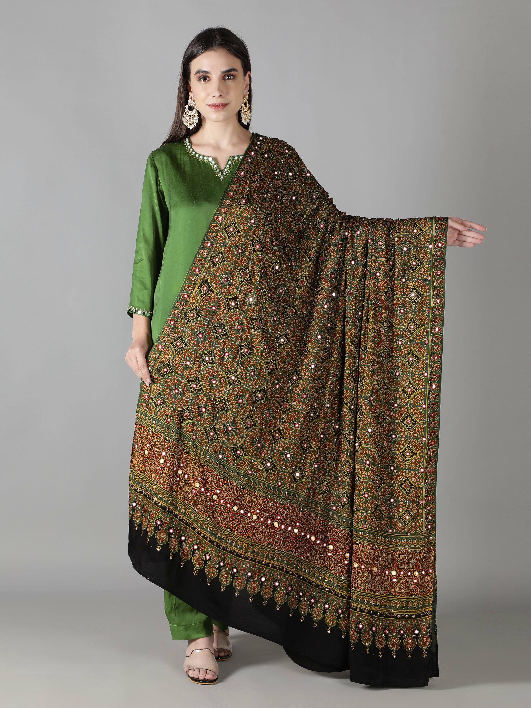 Leaf Green Floral Ajrakh Dupatta
