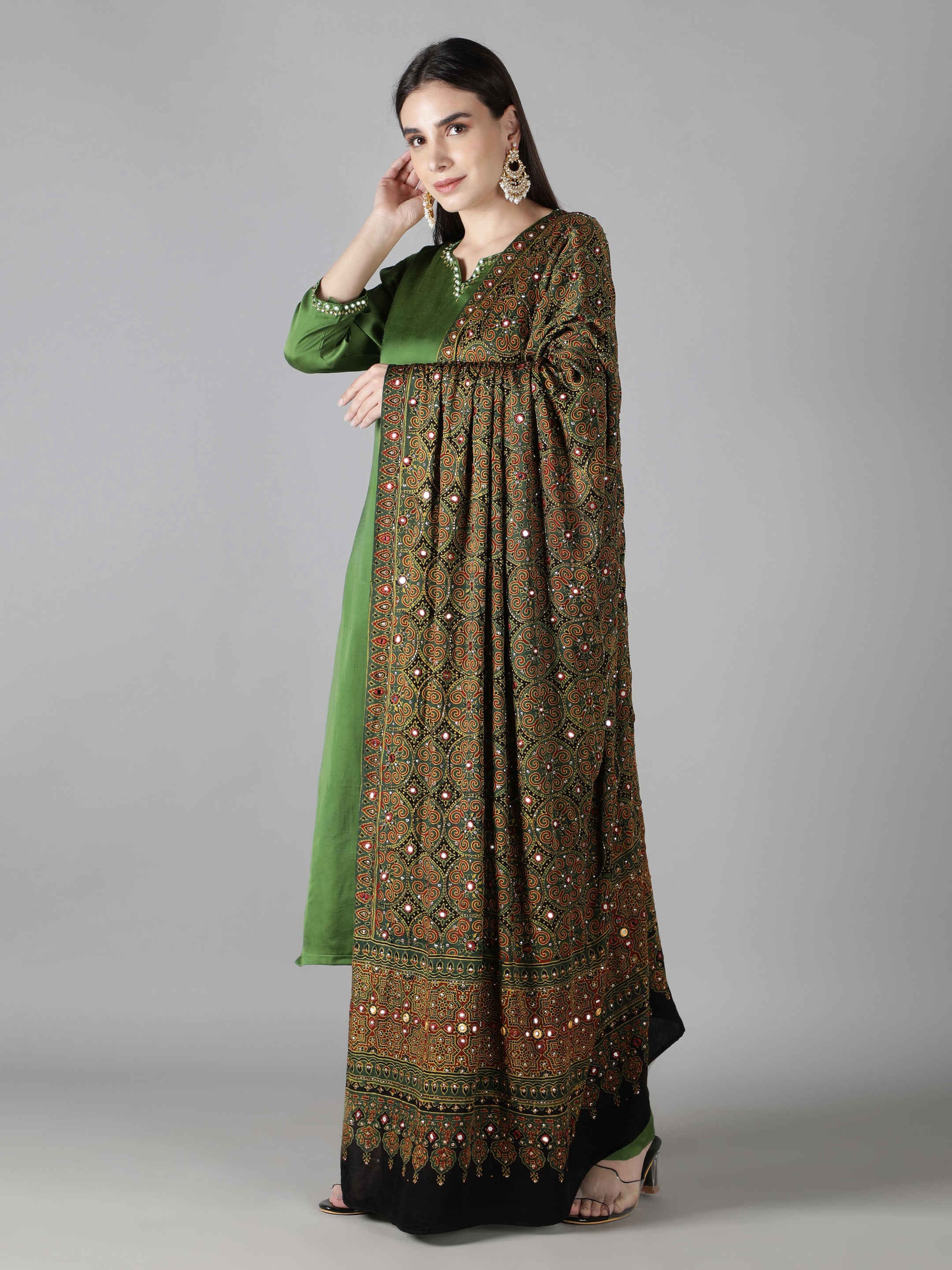 Leaf Green Floral Ajrakh Dupatta
