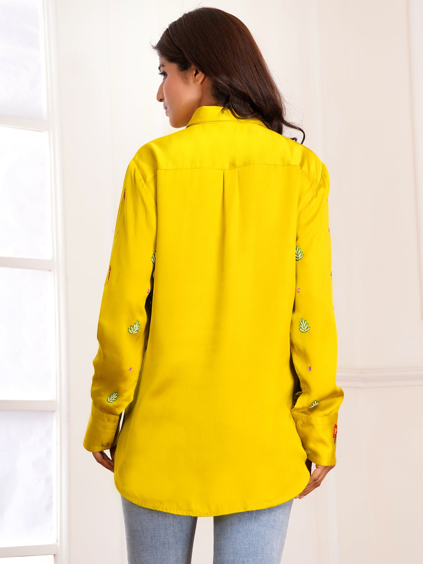 Mustard Floral Bouquet Silk Embroidered Shirt