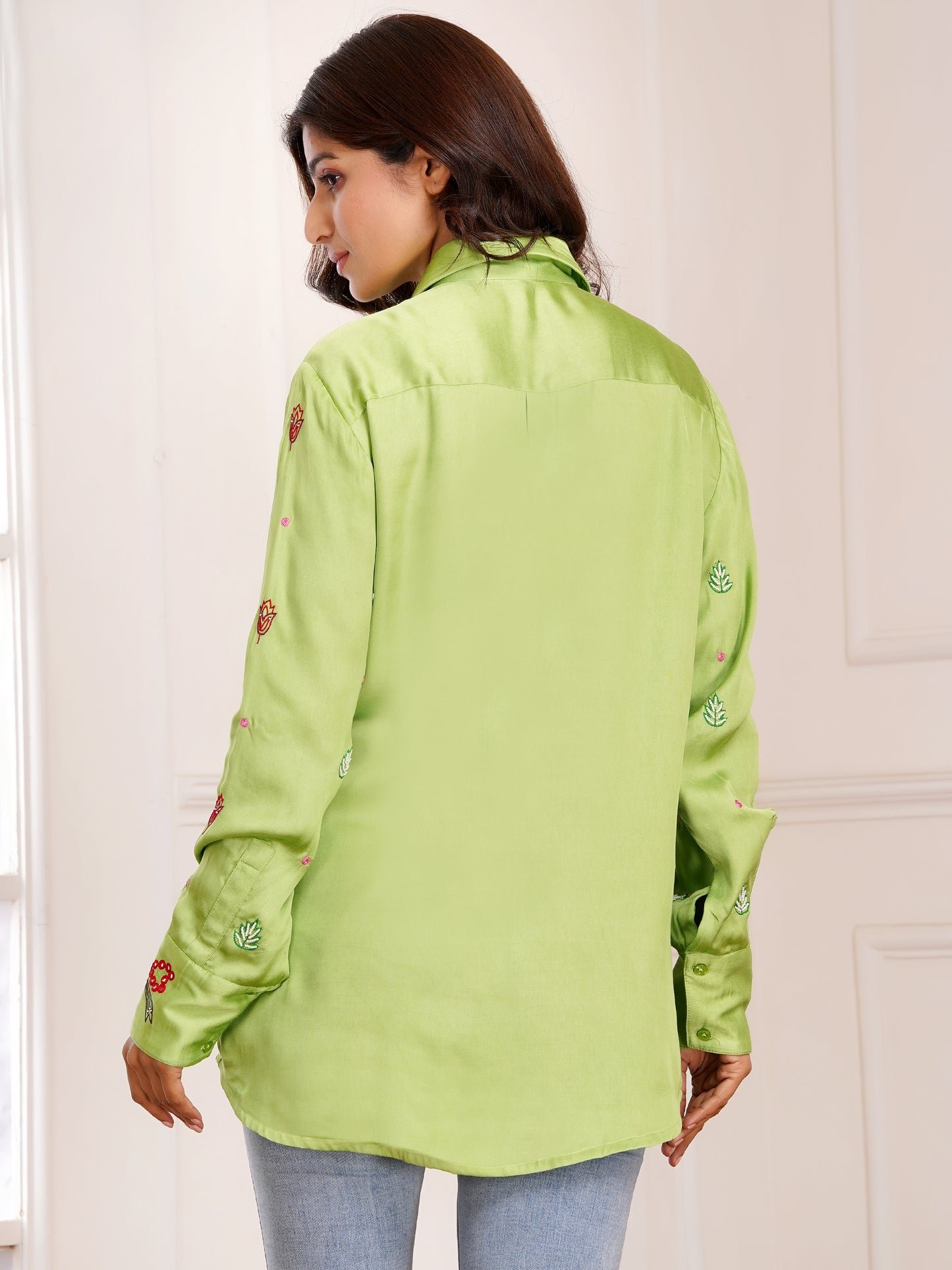 Green Floral Bouquet Silk Embroidered Shirt