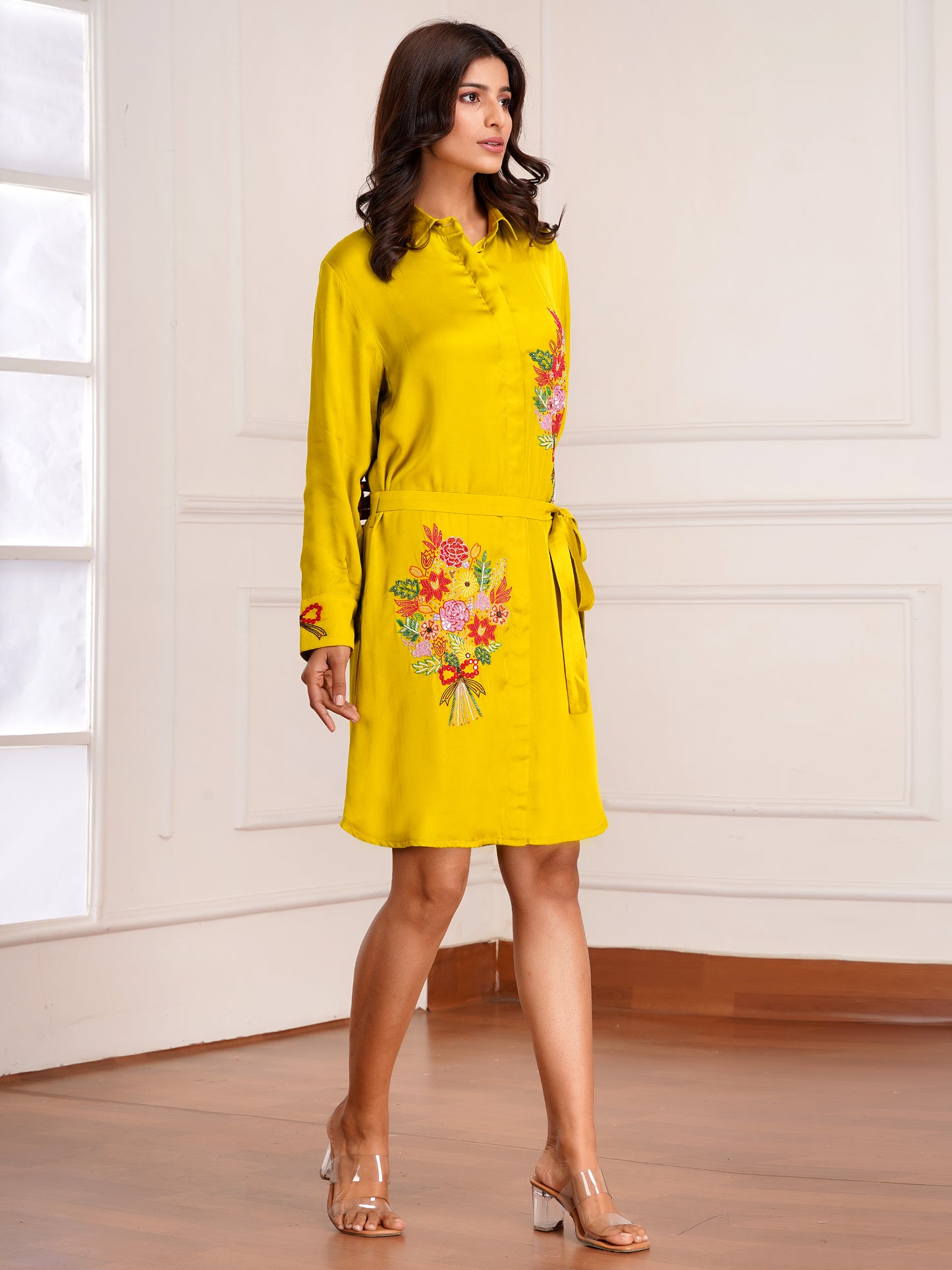 Mustard Floral Bouquet Silk Embroidered Shirt Dress