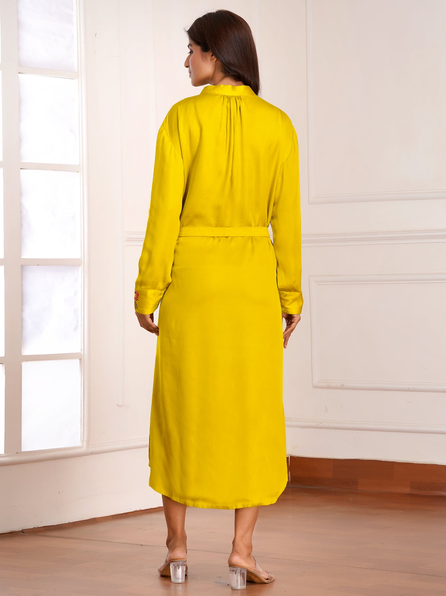 Mustard Floral Bouquet Silk Embroidered Shirt Dress