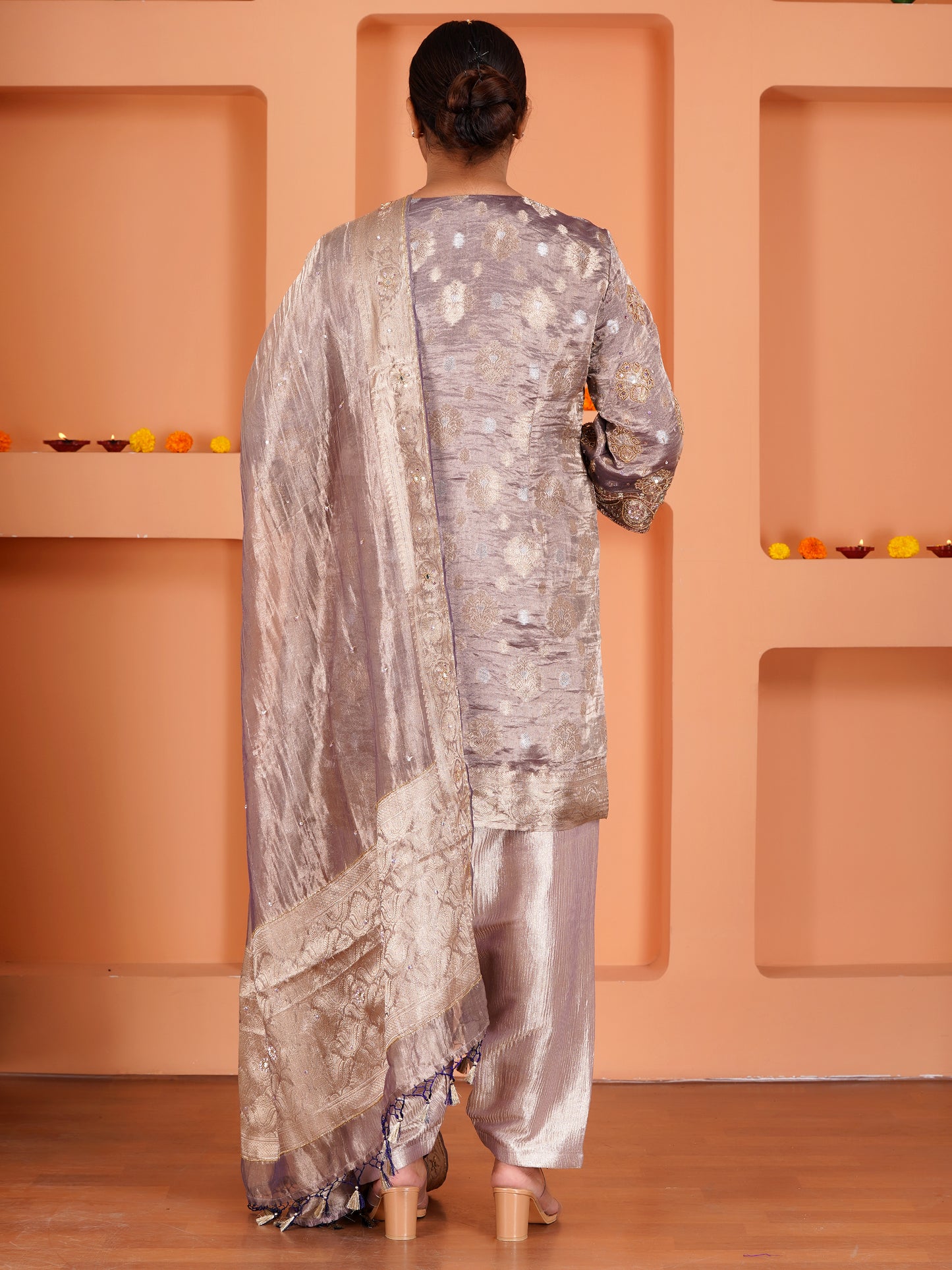 Purple Tissue Silk Embroidered Kurta Set
