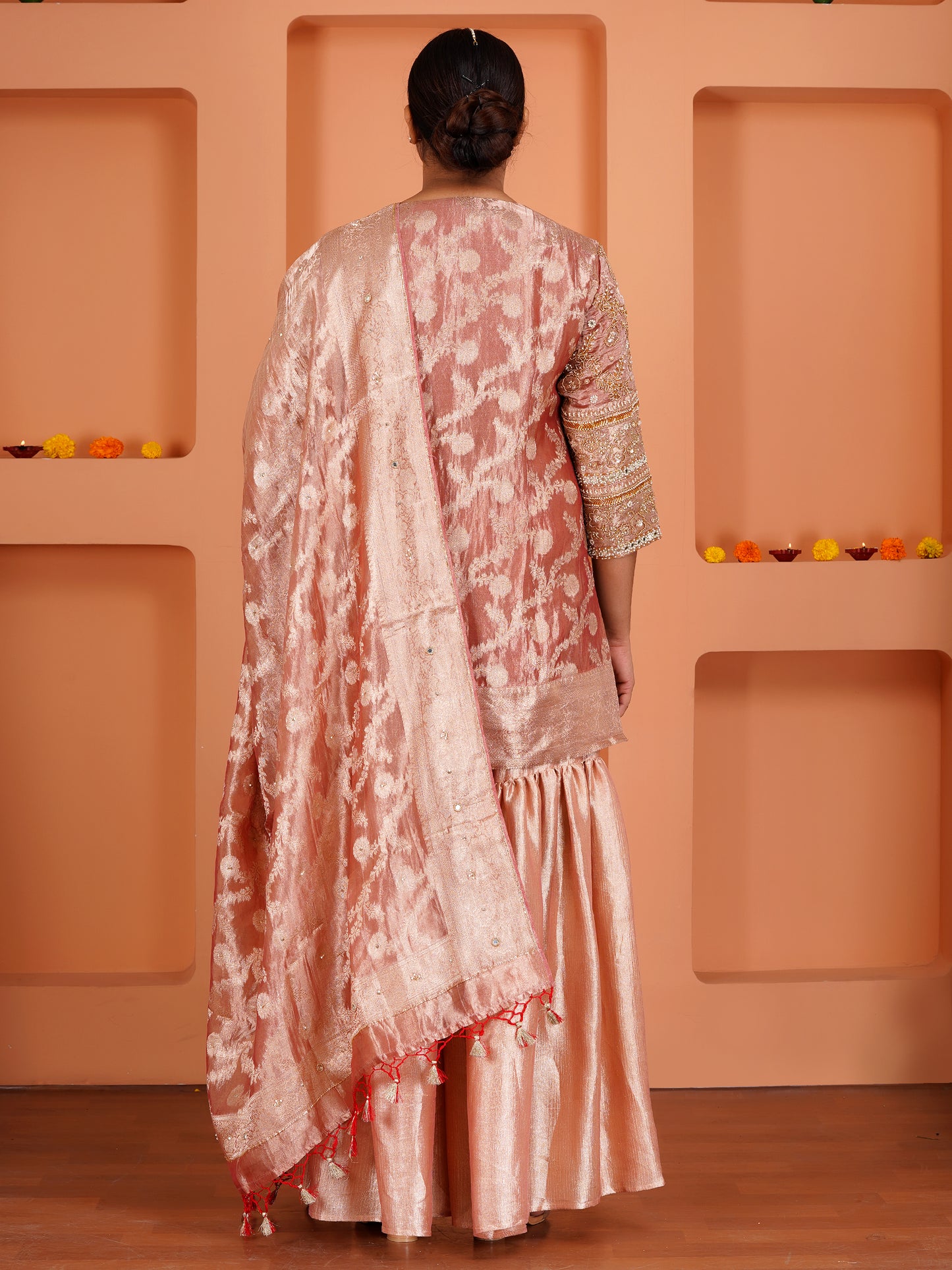 Peach Tissue Silk & Crush Tissue Silk Embroidered Garara Set