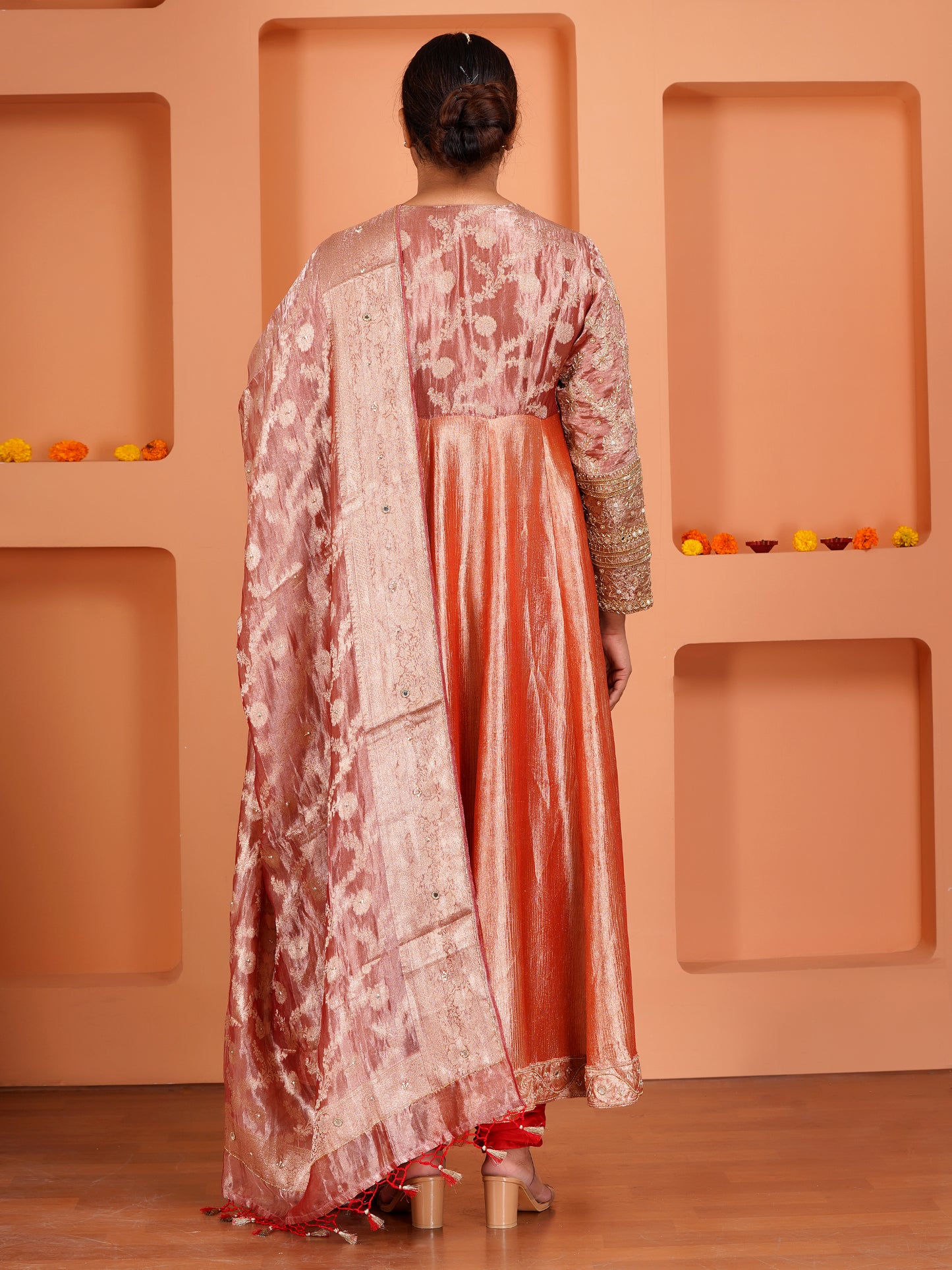 Red Tissue Silk & Crush Tissue Silk Embroidered Anarkali