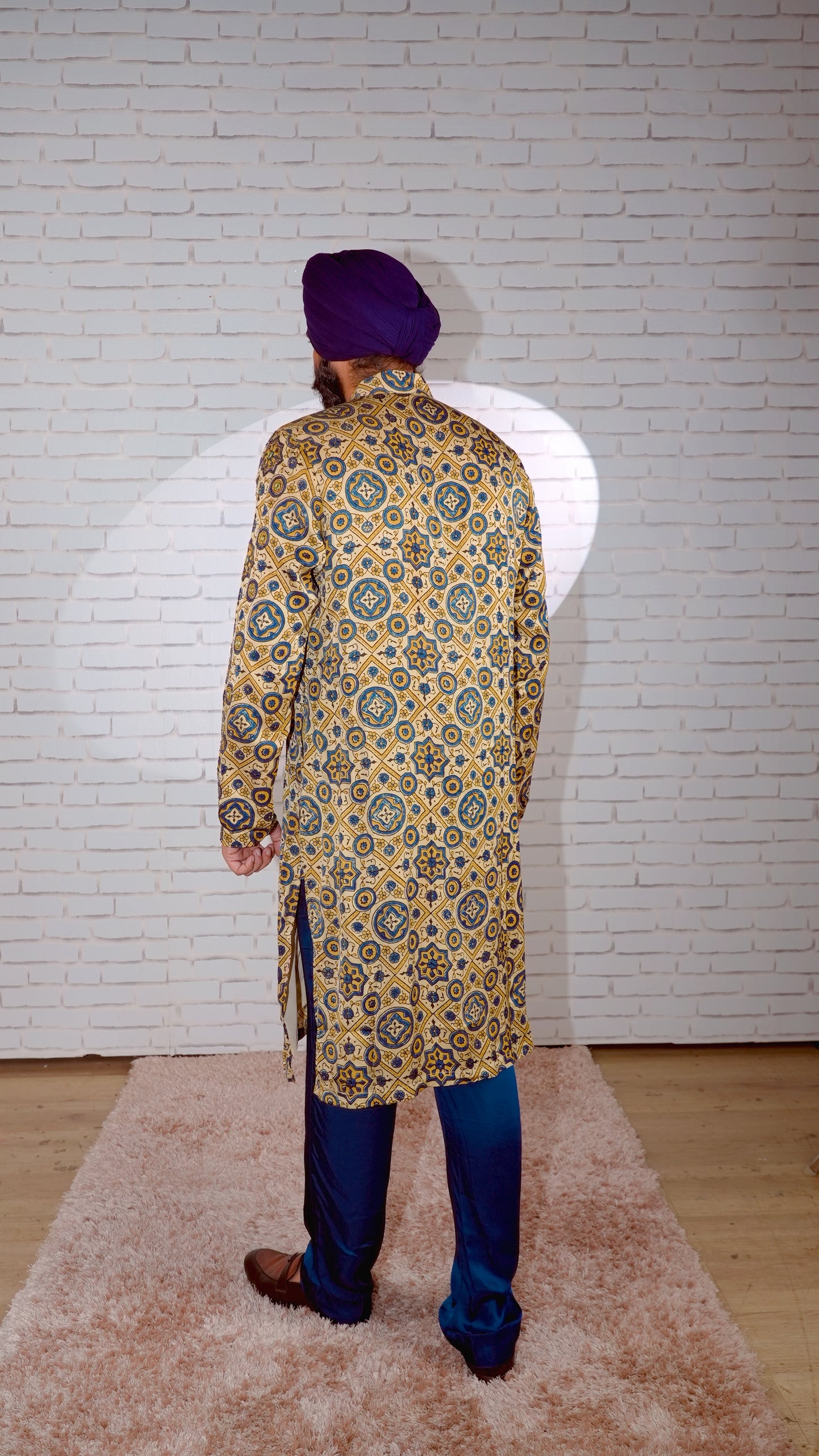 Cream Ajrakh Embroidered Silk Kurta Set