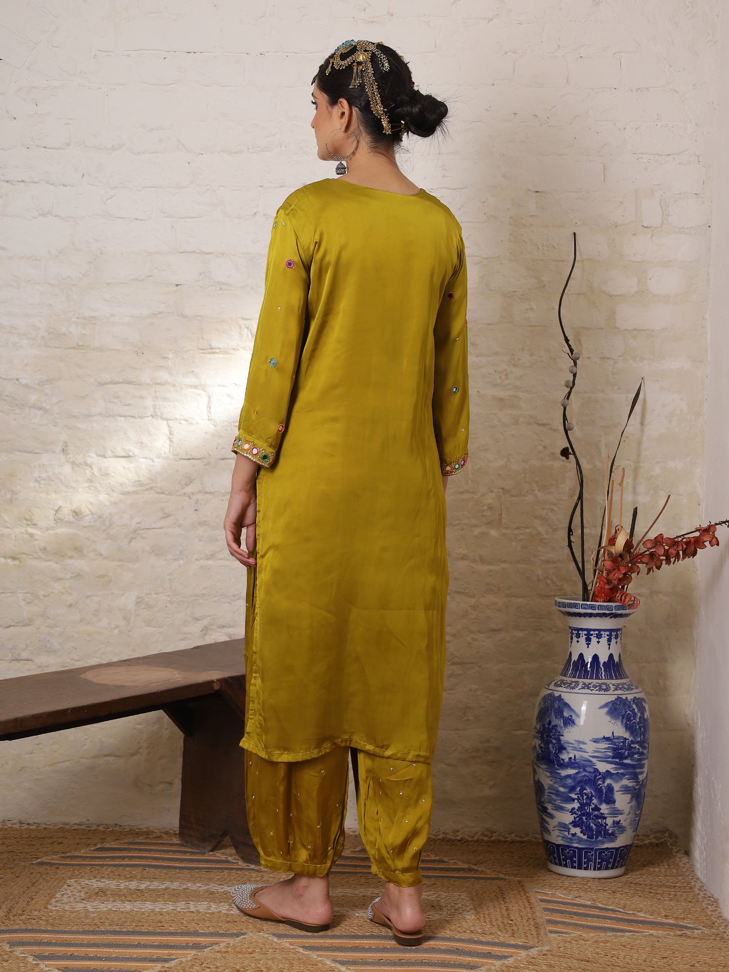 Mustard Silk Embroidered Paisley Kurta Set