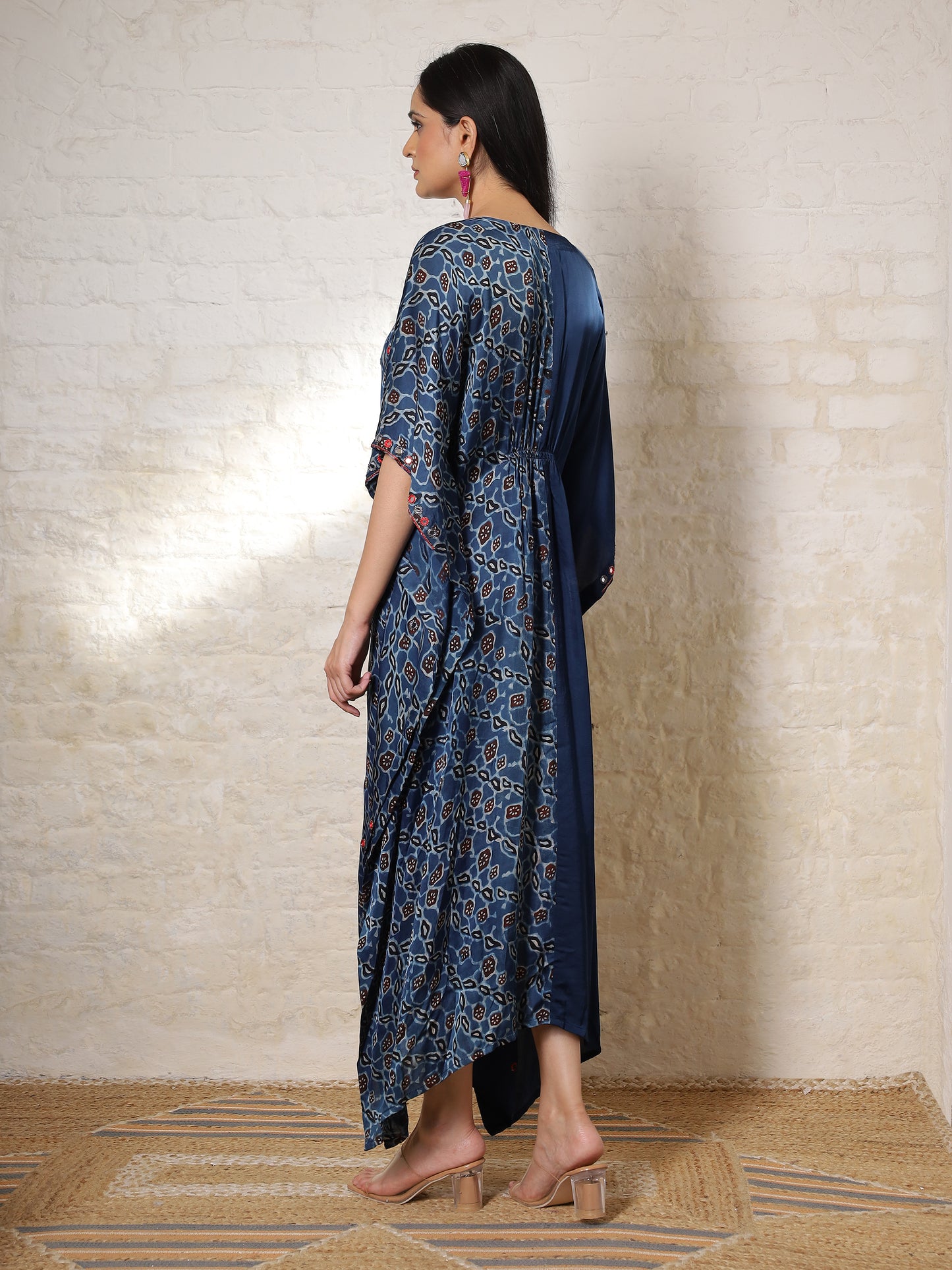 Blue Floral Ajrak Silk Embroidered Kaftan