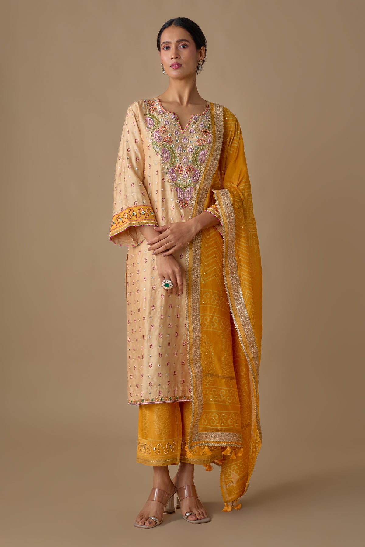CREAM SILK HAND EMBROIDERED KURTA SET
