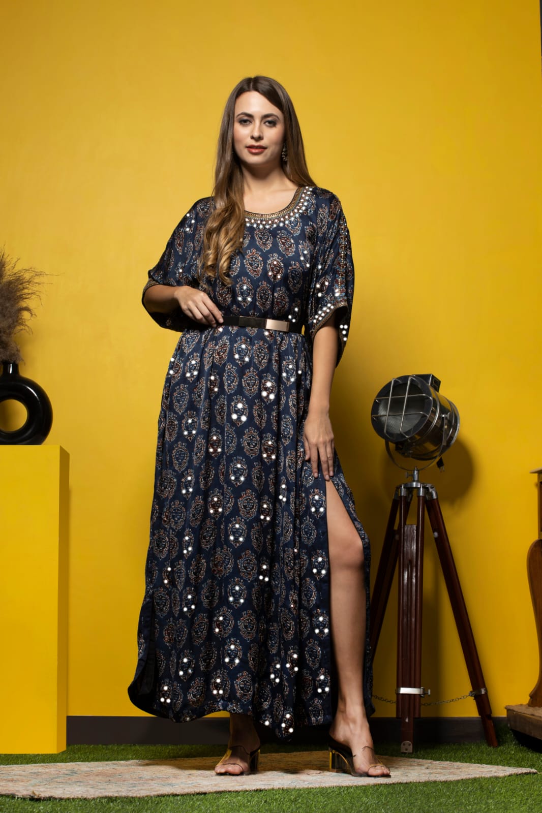 BLUE EMBROIDERED AJRAK KAFTAN