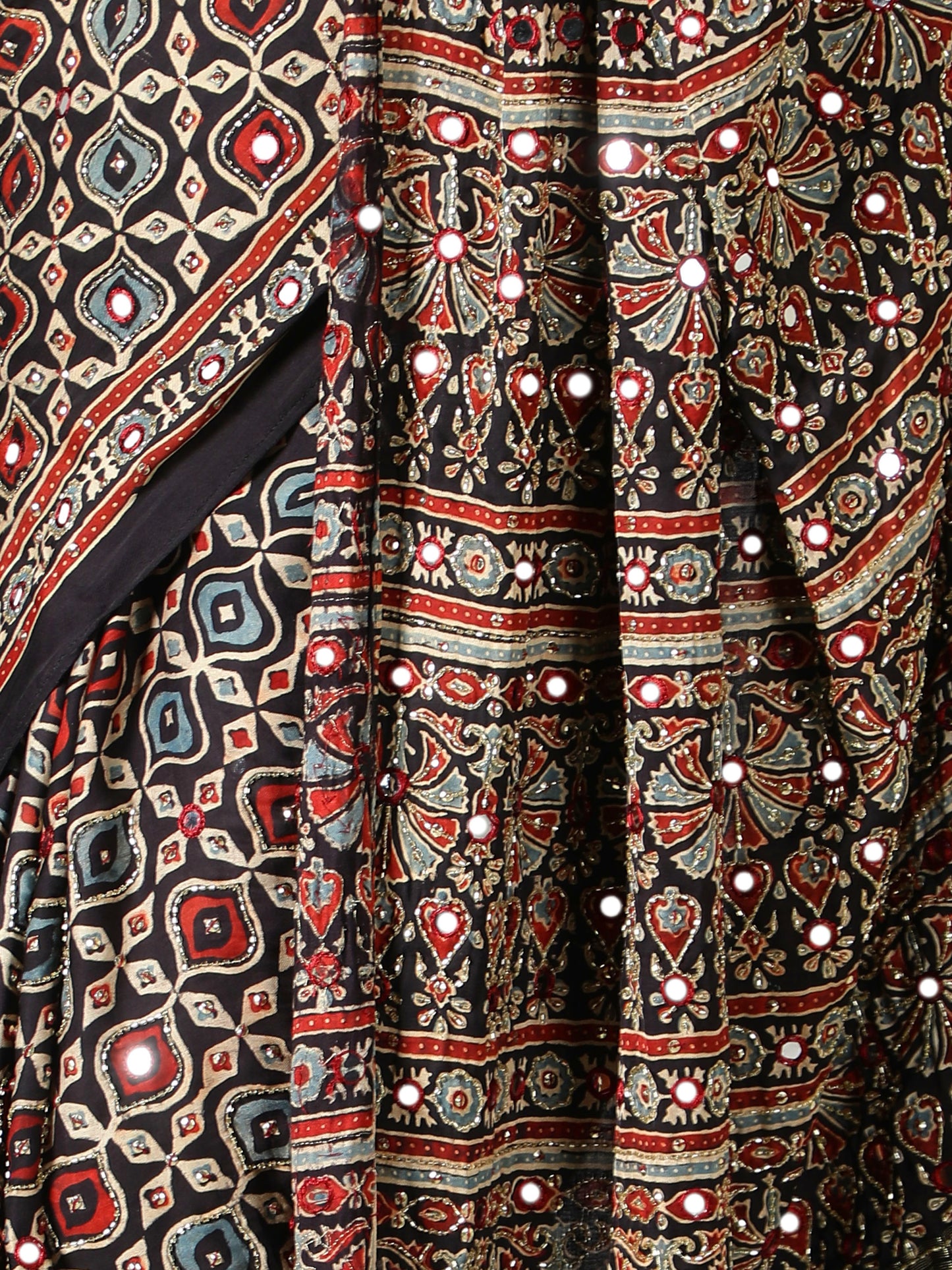 Black And Sapphire Blue Multi Hued Ajrakh Saree With Zari Pallu