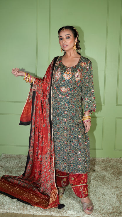 Green Ajrakh Kurta Set