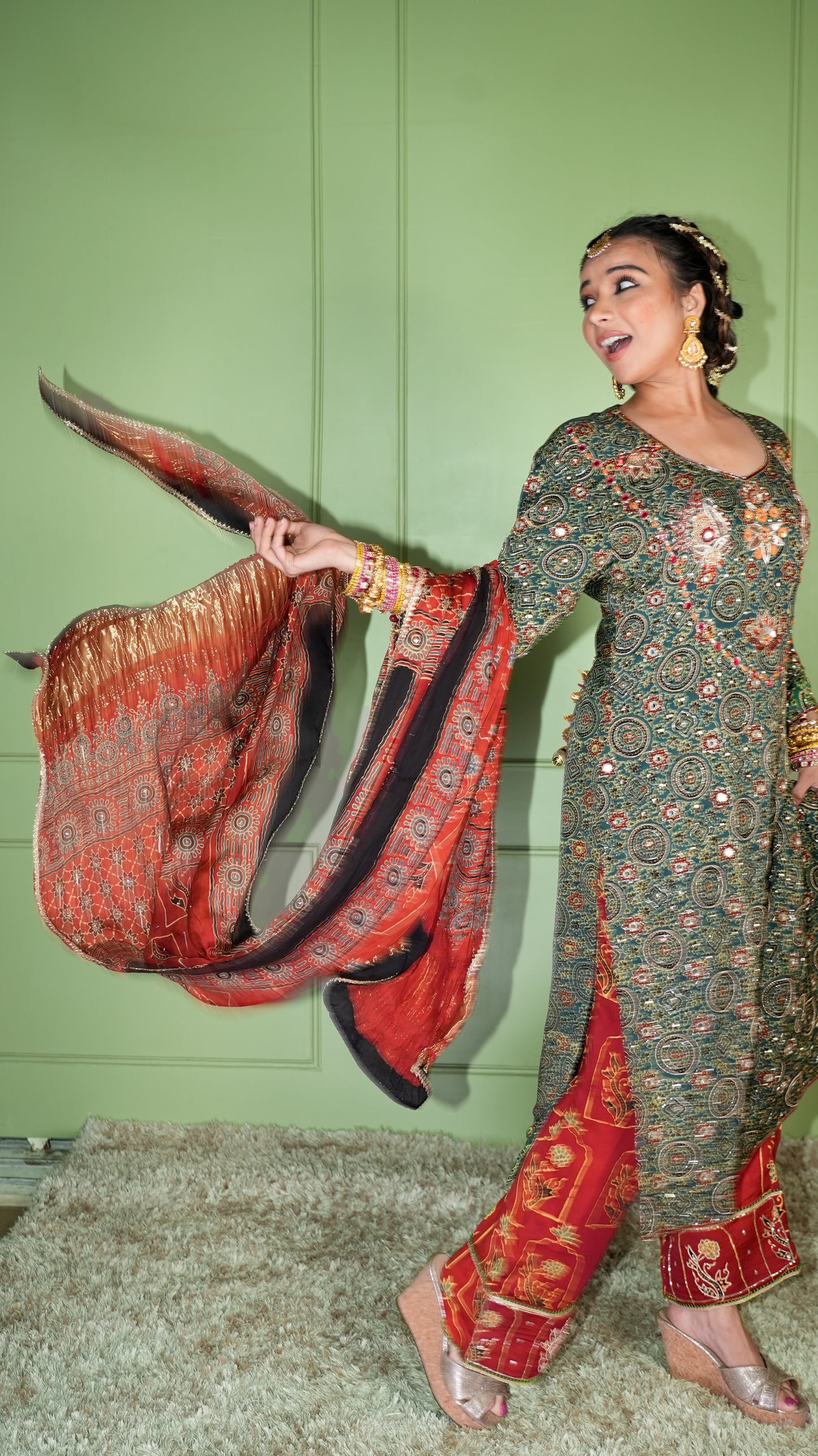 Green Ajrakh Kurta Set