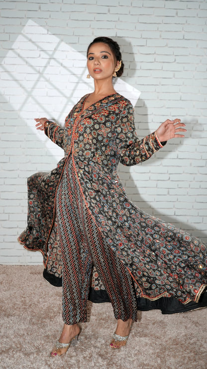 Black Ajrakh Kurta Set