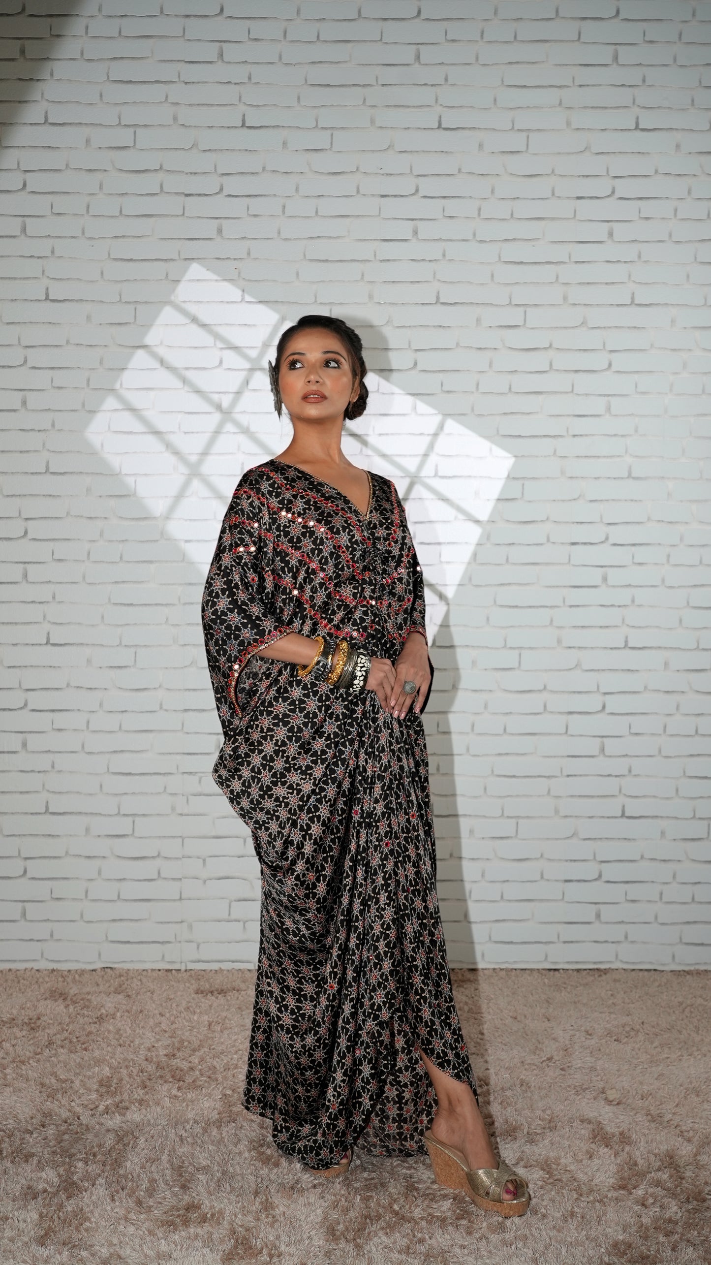 Black  Ajrakh Ruched Kaftan