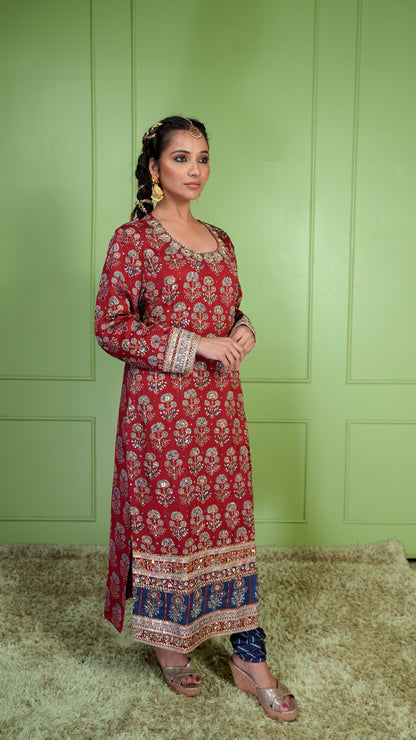 Red Ajrakh Kurta Set