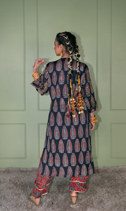 Black Ajrakh Kurta Set