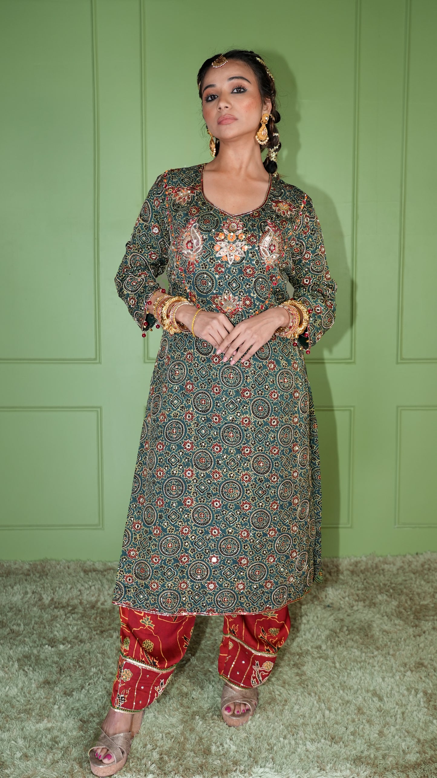 Green Ajrakh Kurta Set