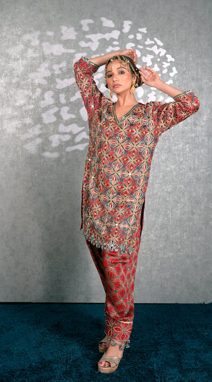 Red Ajrakh Kurta Set
