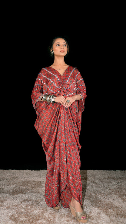 Rust Ajrakh Ruched Kaftan