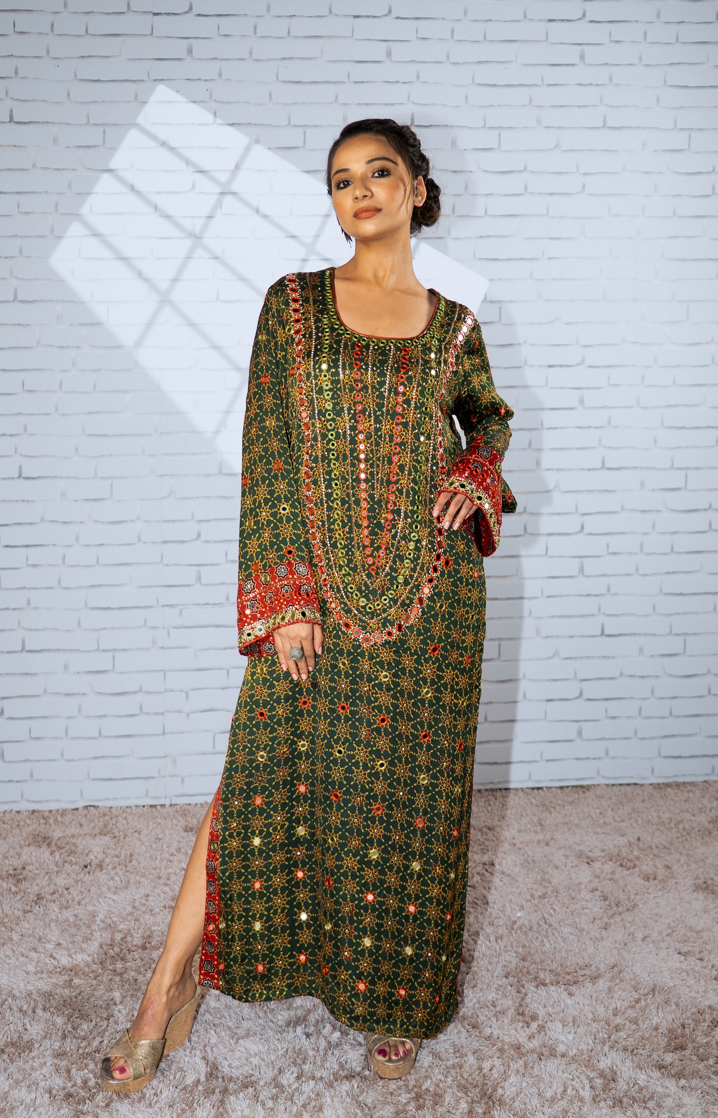 Green Ajrakh Kaftan Kurta