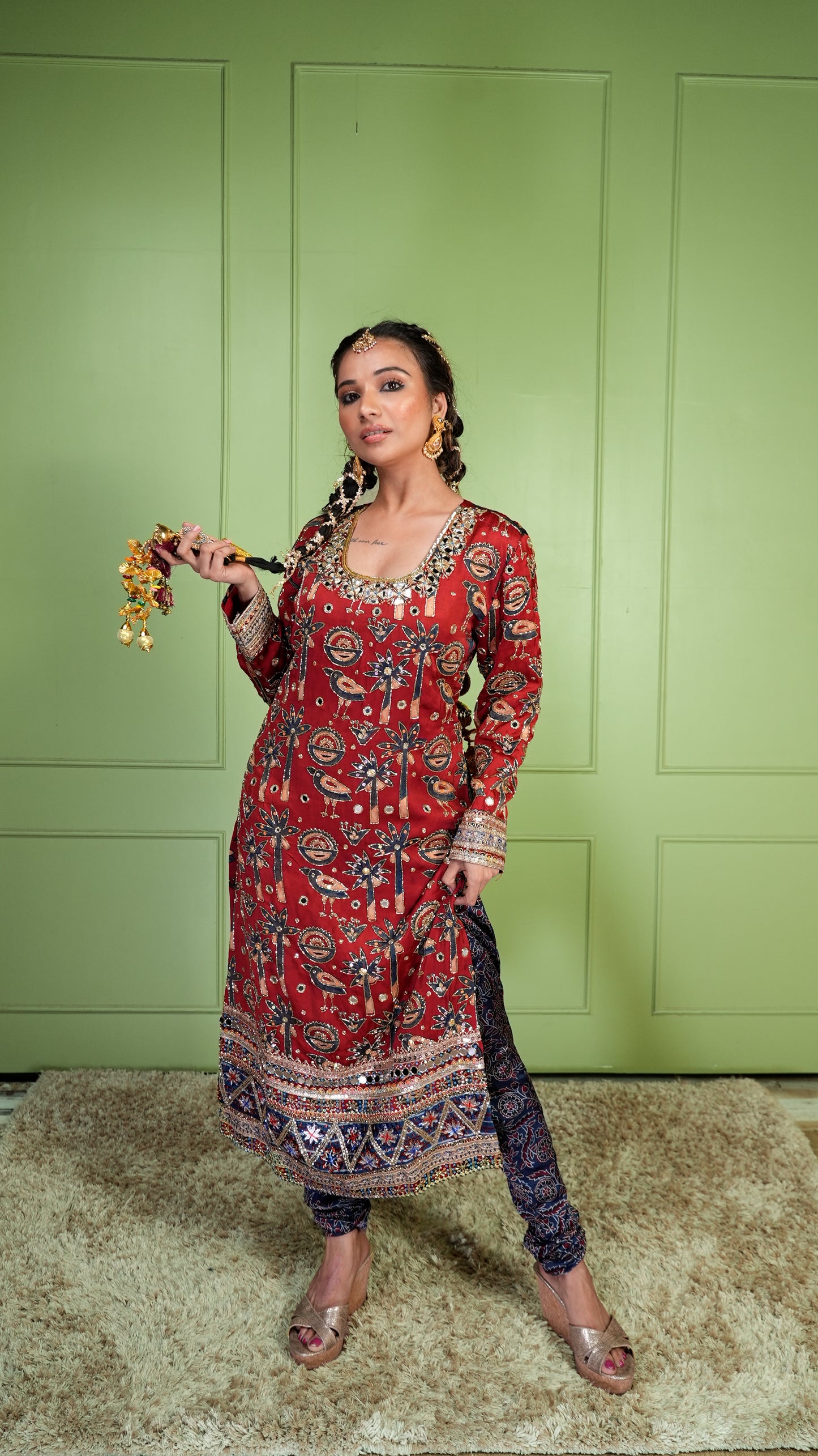 Red Ajrakh Kurta Set