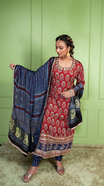 Red Ajrakh Kurta Set
