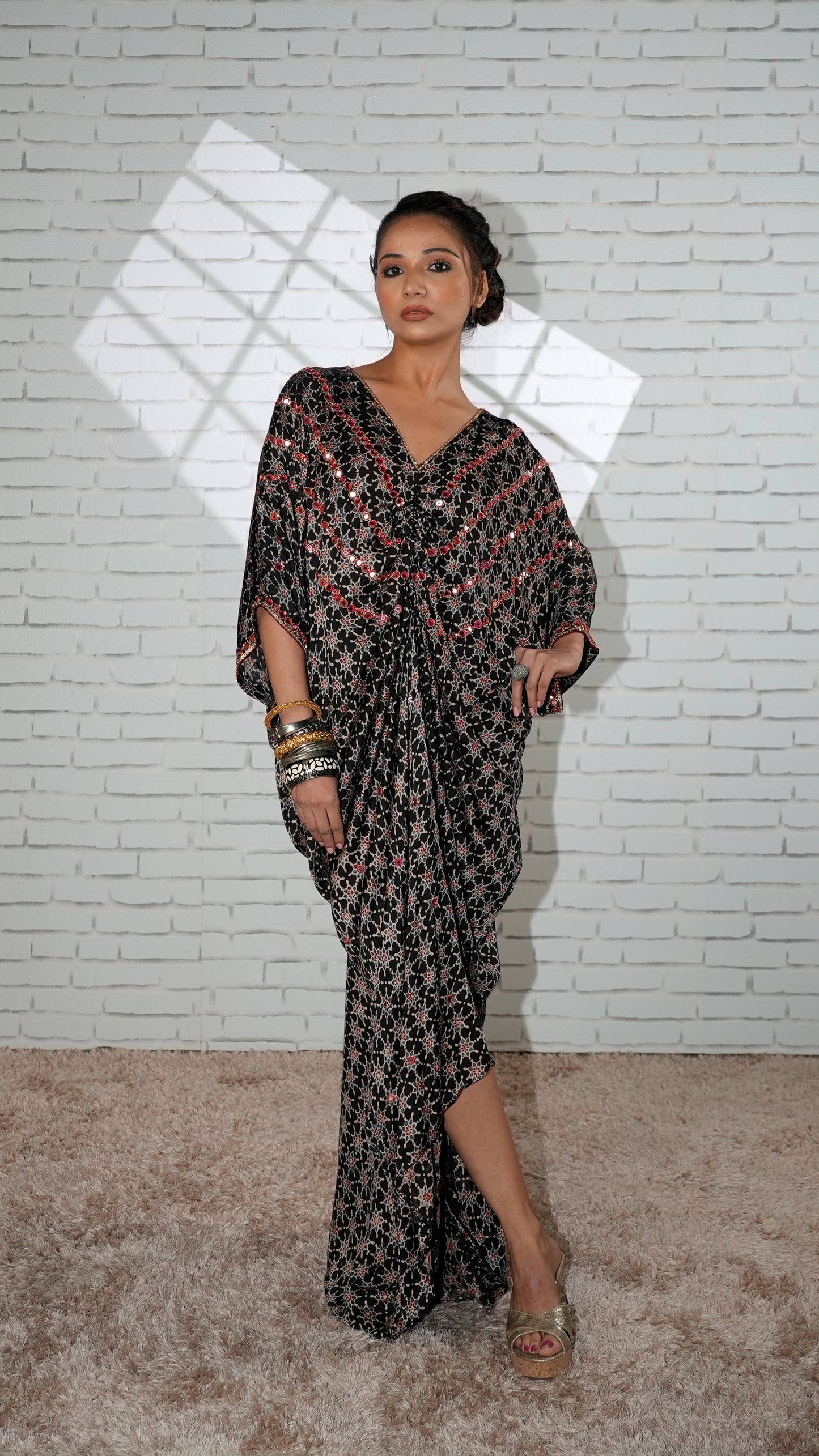 Black  Ajrakh Ruched Kaftan
