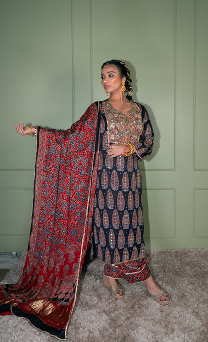 Black Ajrakh Kurta Set