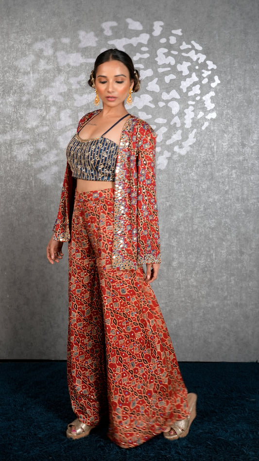 Red Ajrakh Jacket Set