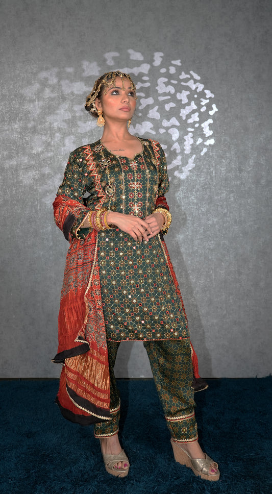 Green Ajrakh Kurta Set