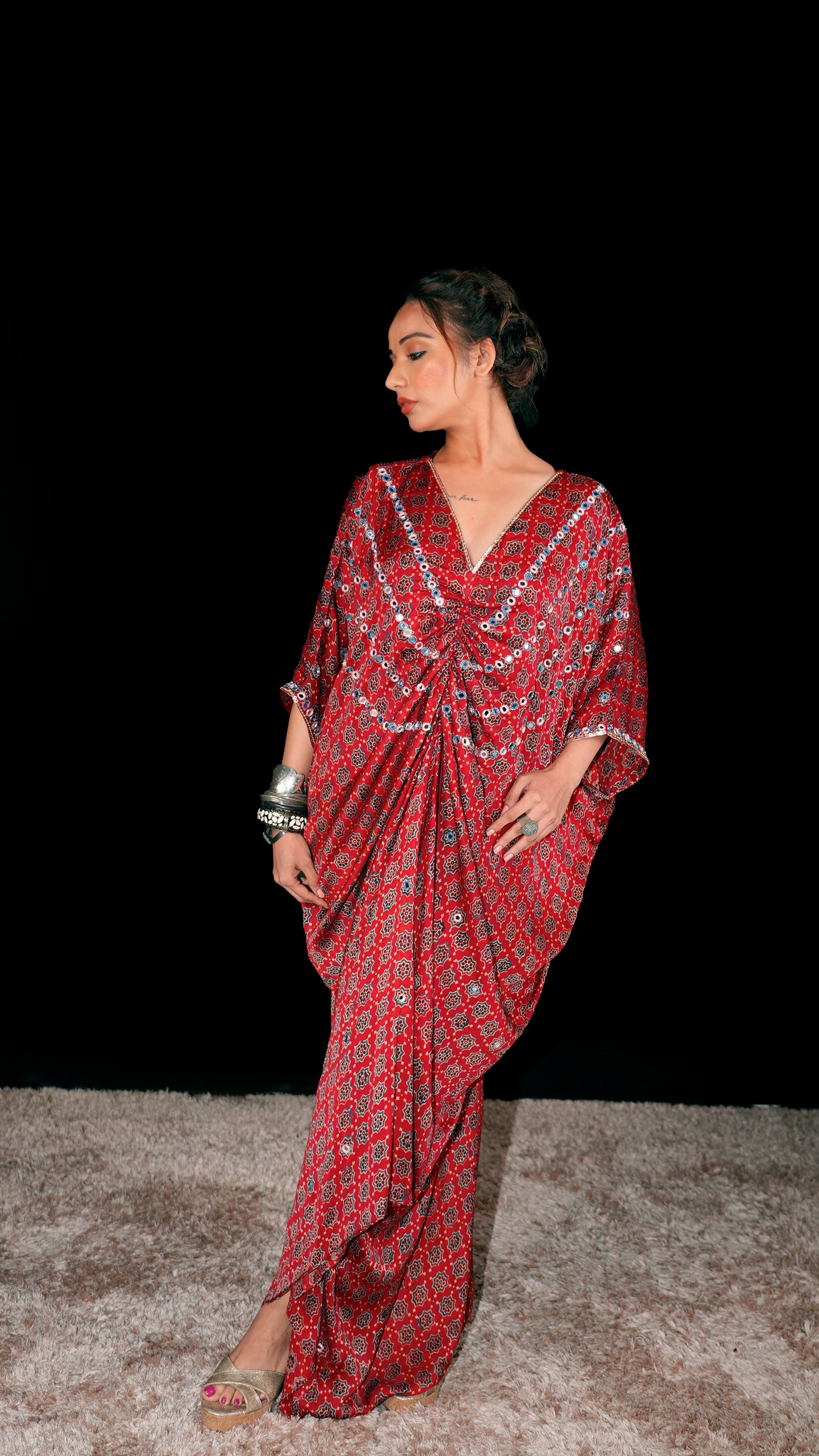 Rust Ajrakh Ruched Kaftan