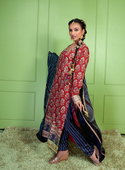 Red Ajrakh Kurta Set