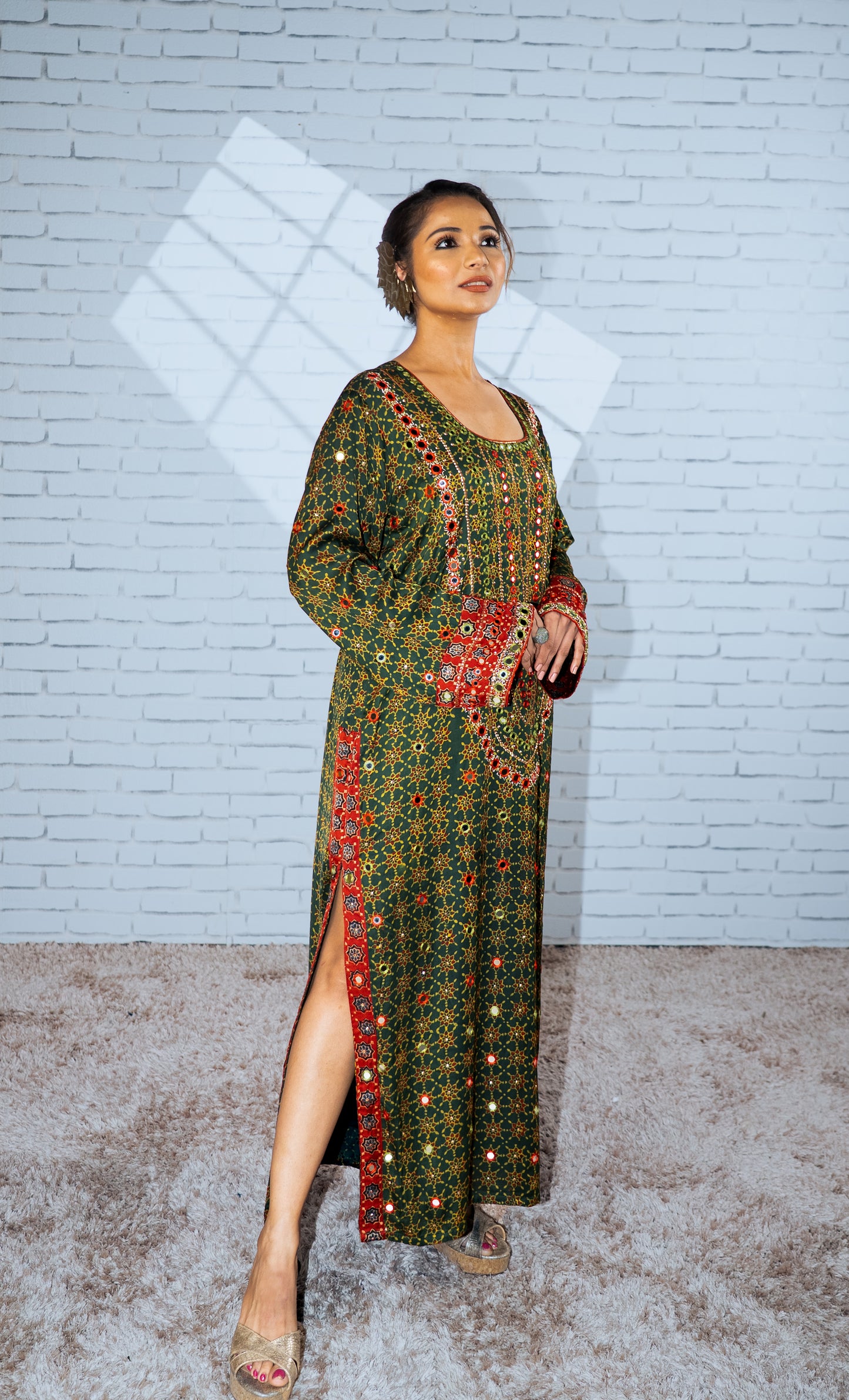 Green Ajrakh Kaftan Kurta