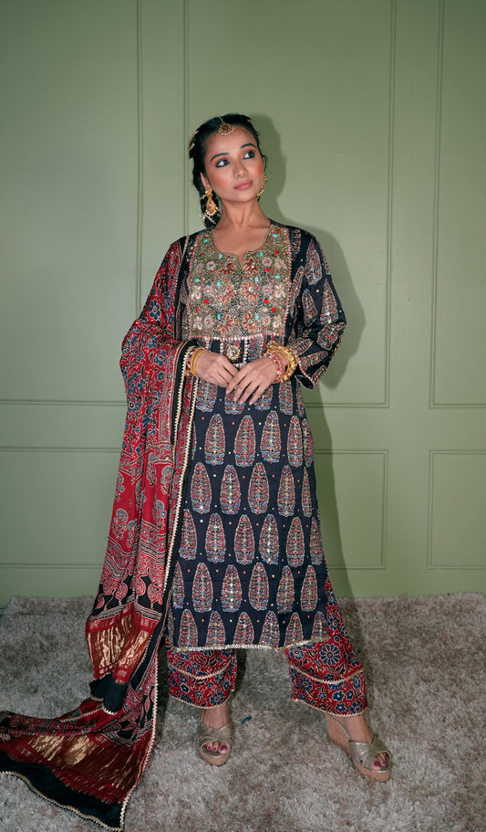 Black Ajrakh Kurta Set