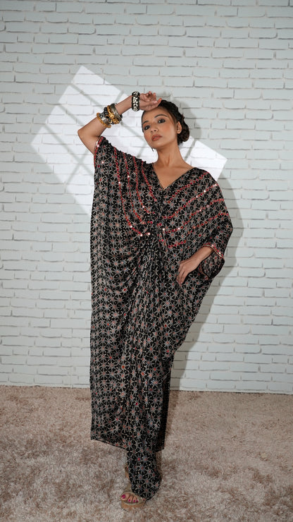 Black  Ajrakh Ruched Kaftan