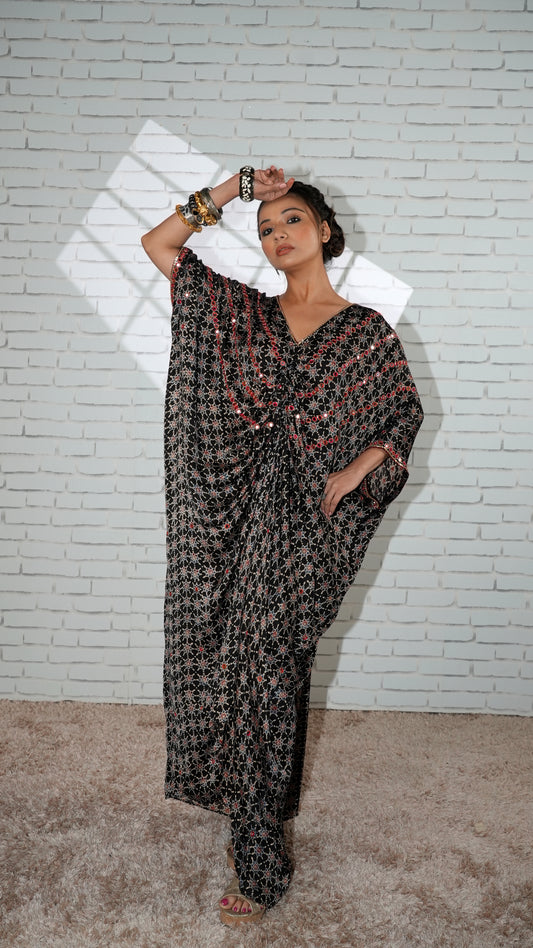 Black  Ajrakh Ruched Kaftan