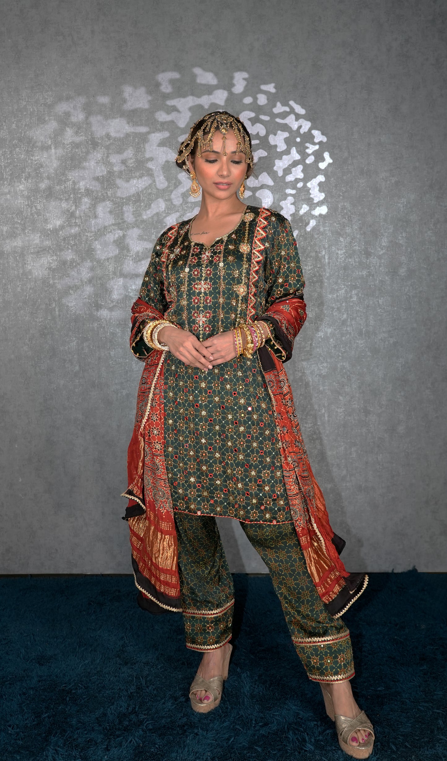 Green Ajrakh Kurta Set