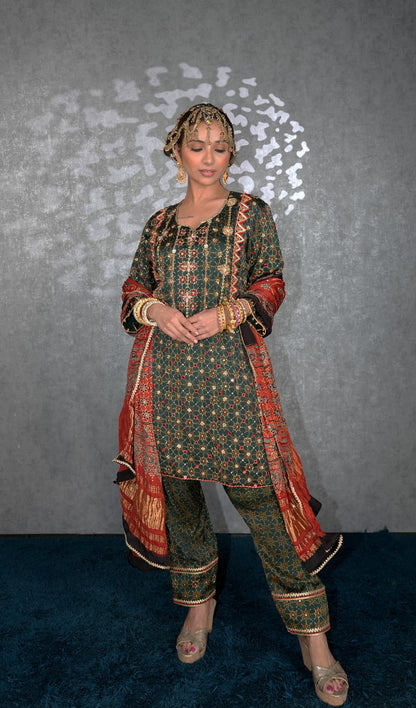 Green Ajrakh Kurta Set