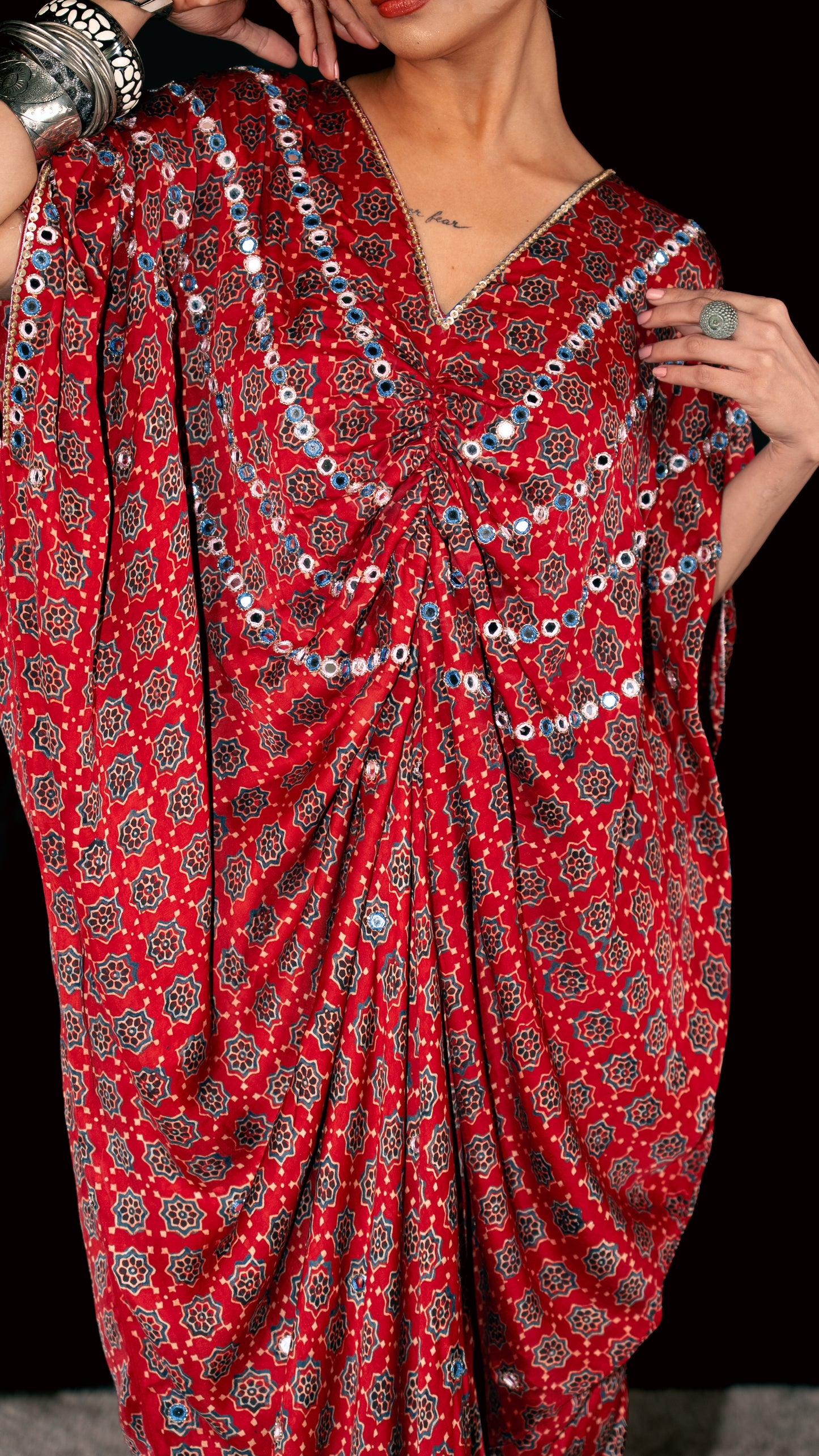 Rust Ajrakh Ruched Kaftan