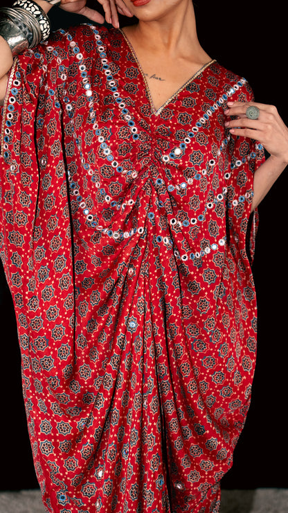 Rust Ajrakh Ruched Kaftan