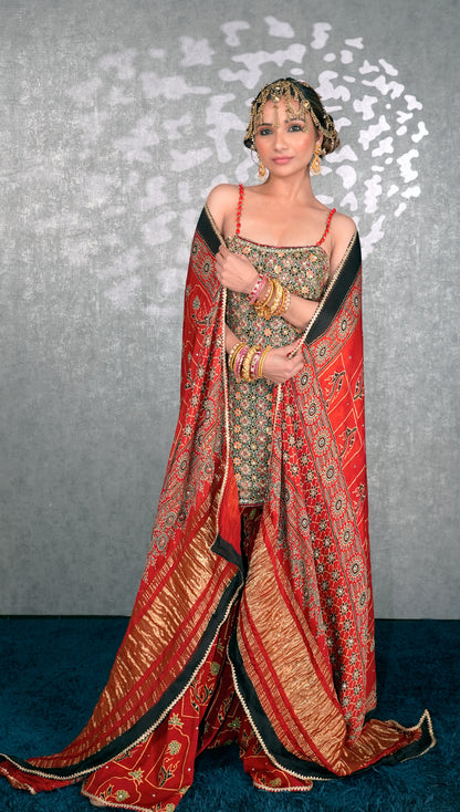 Green Ajrakh Garara Set
