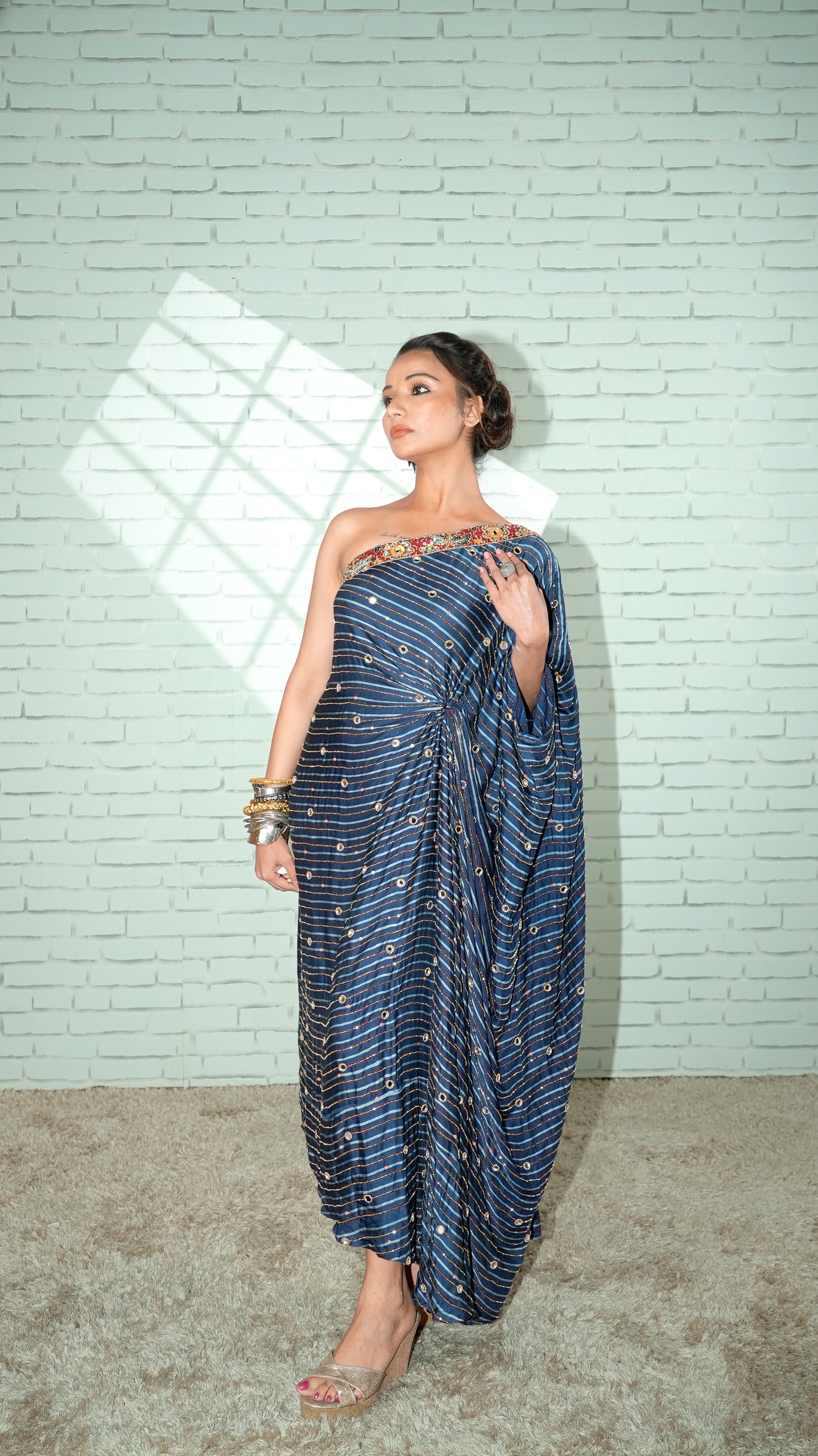 Grey Ajrakh  Asymmetrical Kaftan