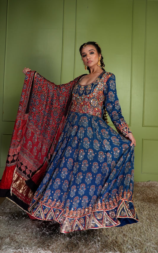 Blue Ajrakh Anarkali