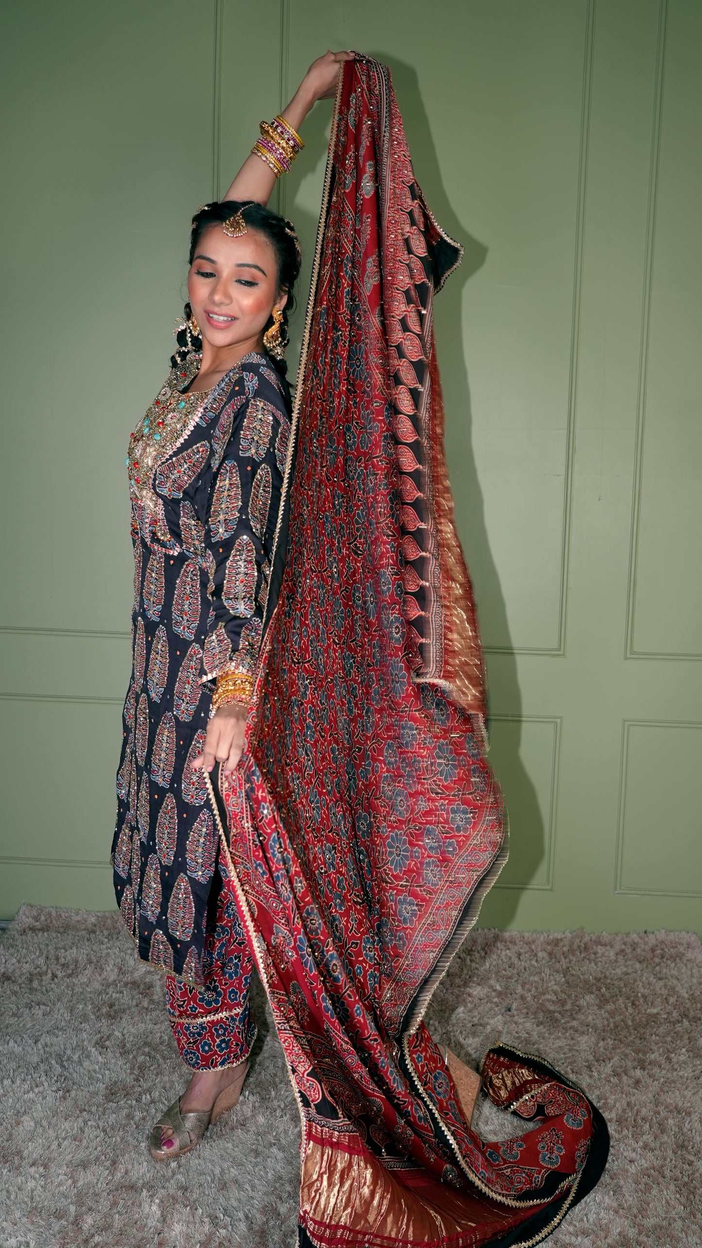 Black Ajrakh Kurta Set