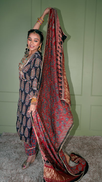 Black Ajrakh Kurta Set