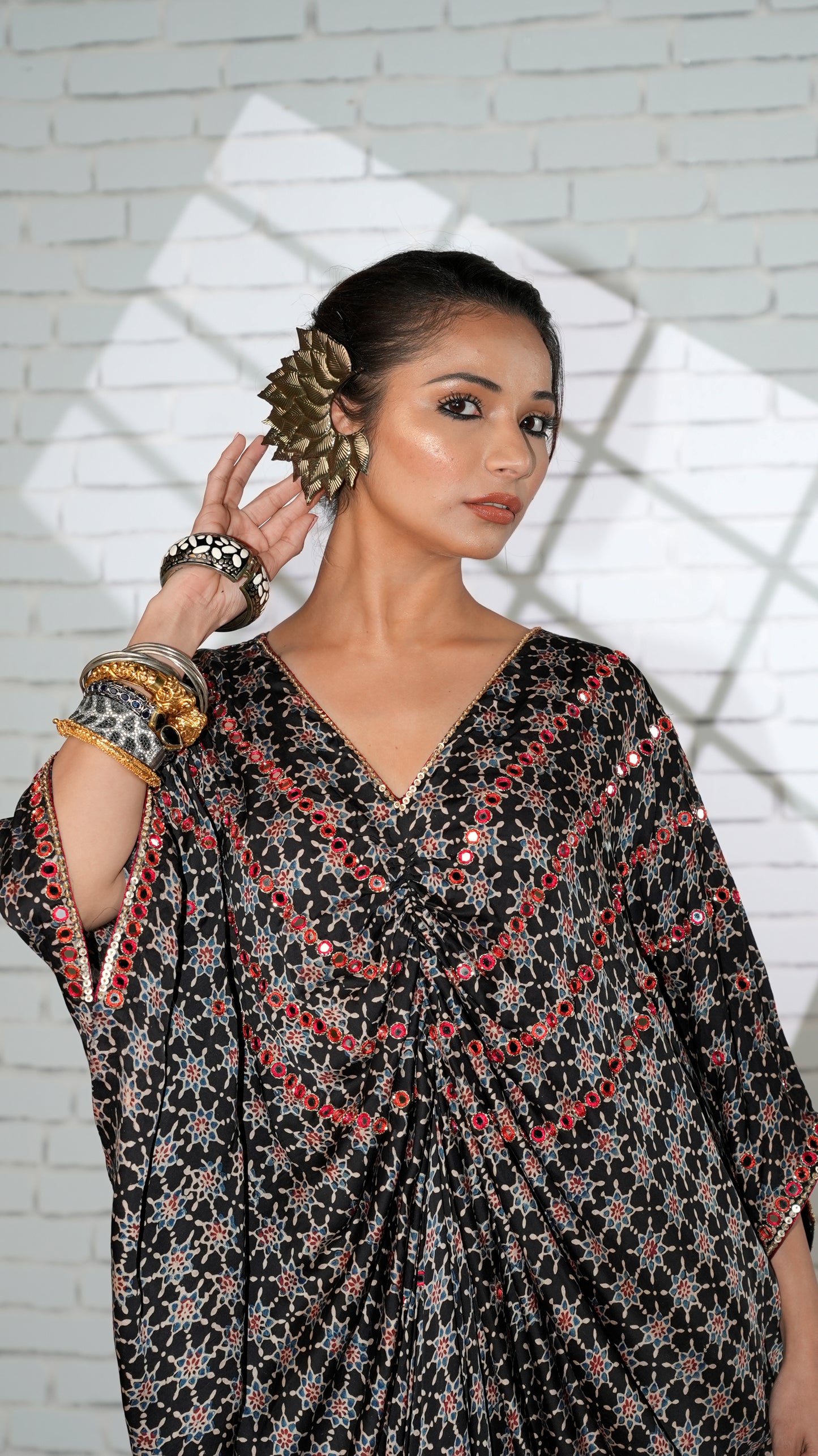 Black  Ajrakh Ruched Kaftan