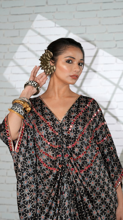 Black  Ajrakh Ruched Kaftan